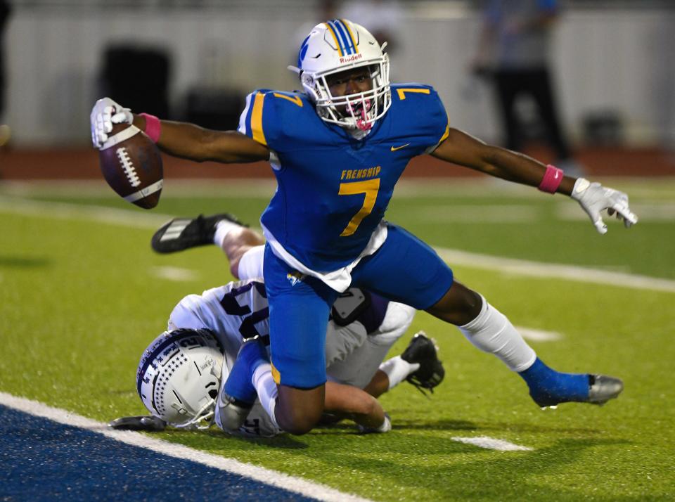 Frenship's Chase Campbell prepares to score a touchdown against Midland High in a District 2-6A high school football game, Friday, Oct. 13, 2023, at Peoples Bank Stadium in Wolfforth.