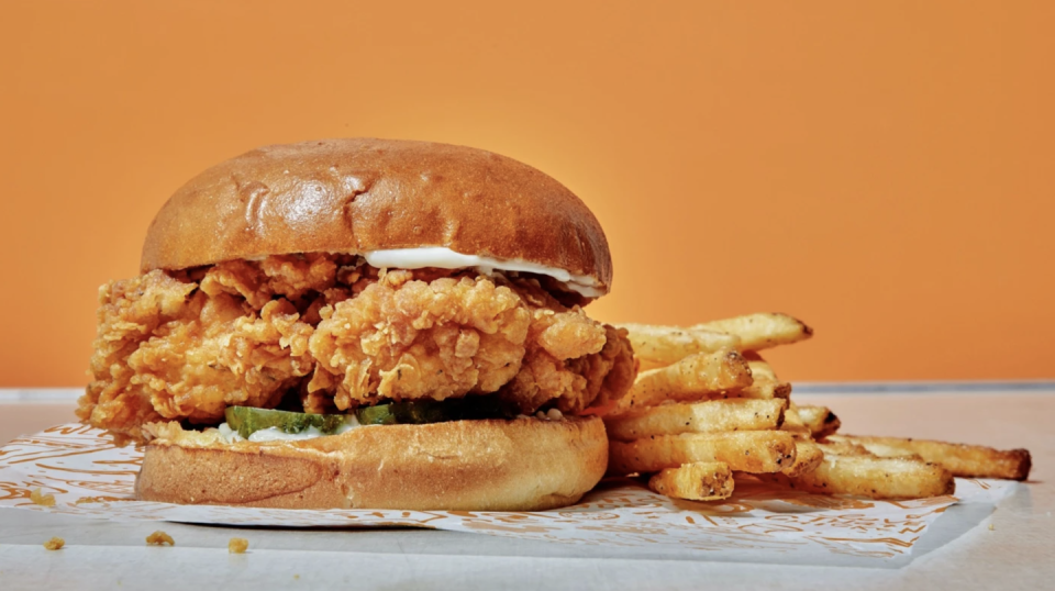 <p>Popeye’s was the inventor of fast food chicken, so it’s only right that they claim the top spot with their <a href="https://www.popeyes.com/chicken-sandwich" rel="nofollow noopener" target="_blank" data-ylk="slk:Chicken Sandwich;elm:context_link;itc:0;sec:content-canvas" class="link ">Chicken Sandwich</a>. I have not had a sandwich that was crispier than this tender, all-white meat chicken breast fillet. First the meat is marinated in an authentic blend of Louisiana seasonings, then hand battered and breaded in buttermilk coating. While this would still win as a standalone because it’s just that good, it only gets even better with crisp barrel cured pickles, classic or spicy mayonnaise on a toasted buttery brioche bun. I know, our mouths are watering too… </p>