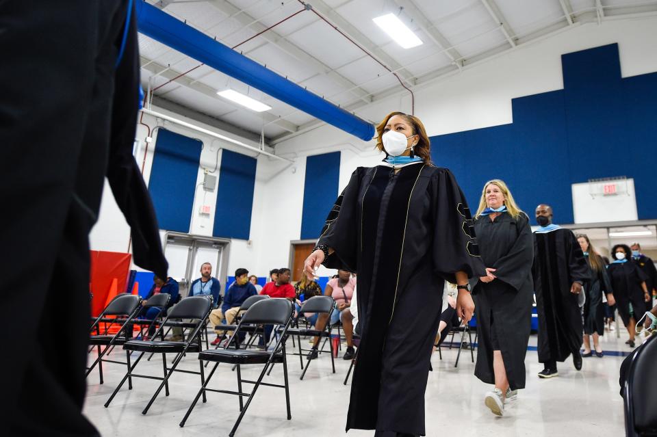 Metro Nashville Public Schools Director Adrienne Battle walks into the Cora Howe School's graduation ceremony in Nashville, Tenn. on Friday, May 20, 2022.