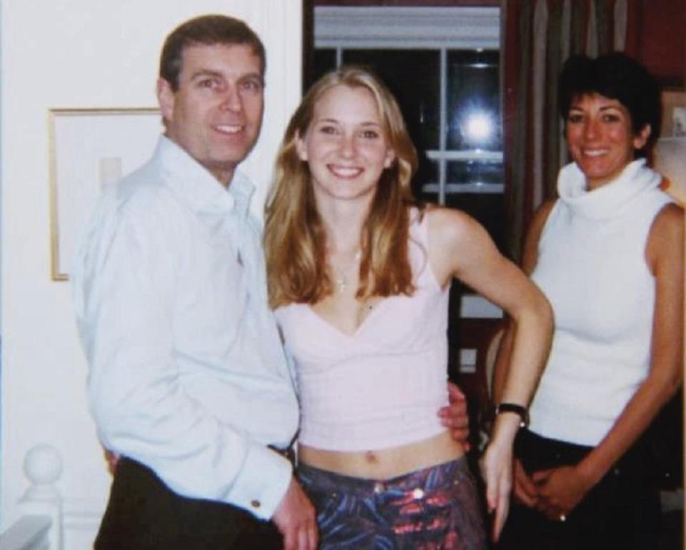 Virginia Roberts Giuffre is pictured at age 17 with Prince Andrew at the home of Ghislaine Maxwell, seen in the background (US Department of Justice/PA)
