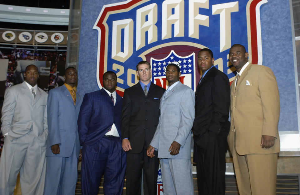 The 2003 NFL draft class, from left: Terrell Suggs, Charles Rogers, Dewayne Robertson, Carson Palmer, Terence Newman, Byron Leftwich, and Jimmy Kennedy at Madison Square Garden in New York City. (Photo by Ezra Shaw/Getty Images)