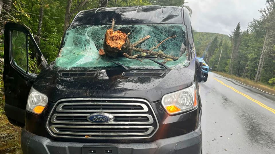 An Ohio driver suffered minor injuries after a tree downed by the remnants of tropical storm Lee went through his windshield on Route 11 in Moro Plantation, Maine. - Maine State Police/AP