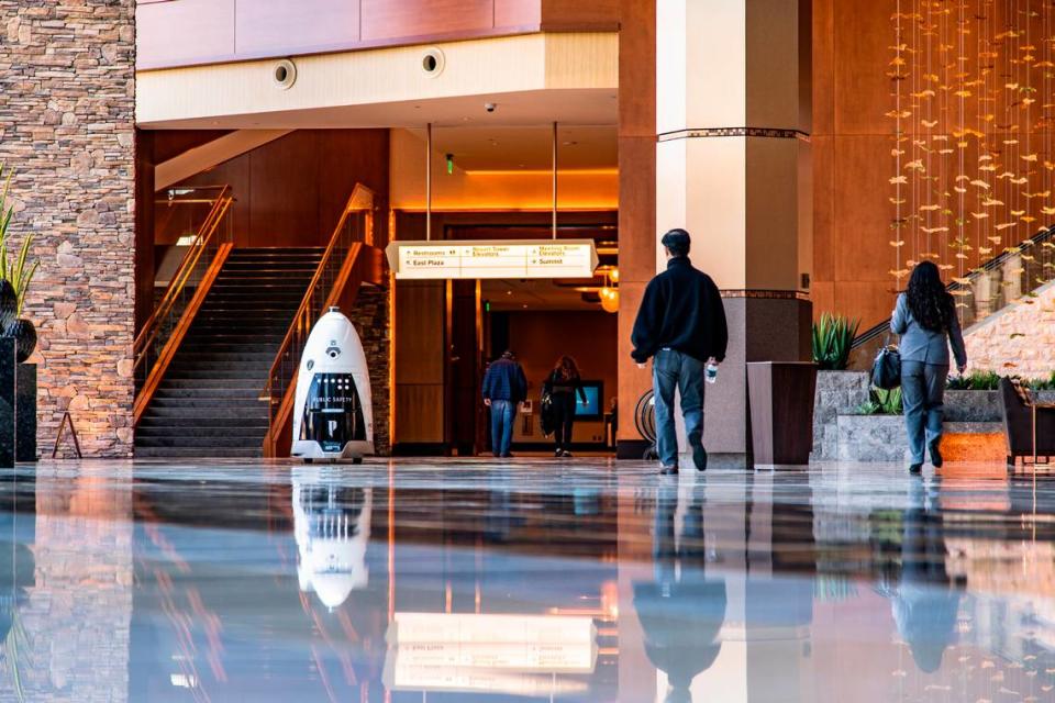 Shoppers don’t seem to fear Knightscope’s security robots, but the company has received its share of “RoboCop” jokes, spokesman Stacy Stephens said. Knightscope wanted to make the robots look friendly, and it seems to be working as selfies with the bots are popping up online, he said.