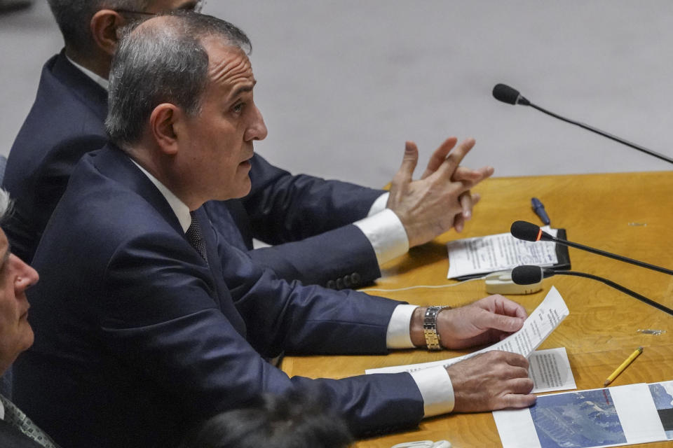 Azerbaijan's Foreign Minister Jeyhun Bayramov address a United Nations Security Council meeting on the conflict between Armenia and Azerbaijan, Thursday, Sept. 21, 2023, at U.N. headquarters. (AP Photo/Bebeto Matthews)