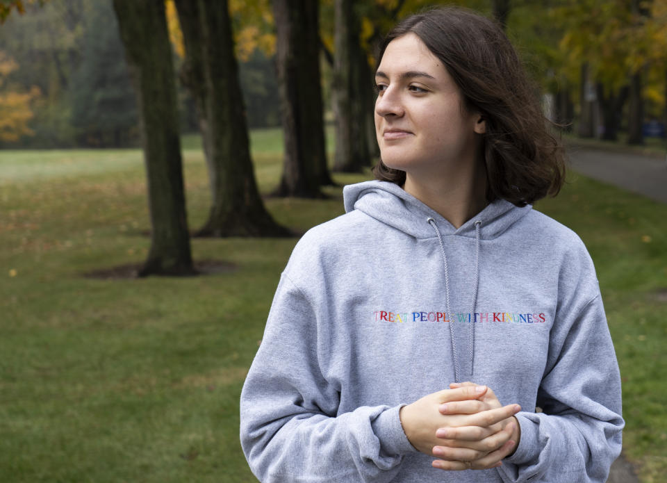 Isabella Dugas, a junior, poses for a portrait on the campus of Saint Mary's College on Oct. 22.  (Photo: Evan Cobb for HuffPost)