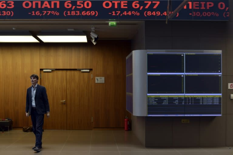 View of the Athens Stock Exchange where the ATHEX index plunged to 615.72 points a few minutes after the opening bell at 0730 GMT, down 22.82 percent from its closing price on June 26