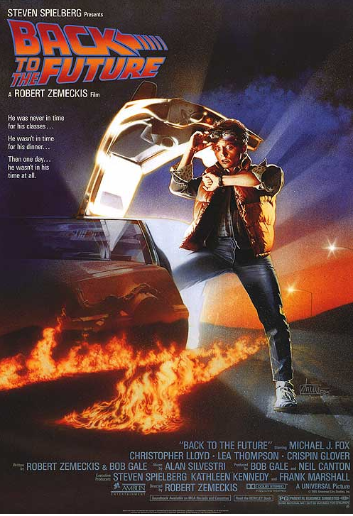 The classic theatrical poster features Michael J. Fox hopping out of the iconic gull-wing DeLorean DMC-12.