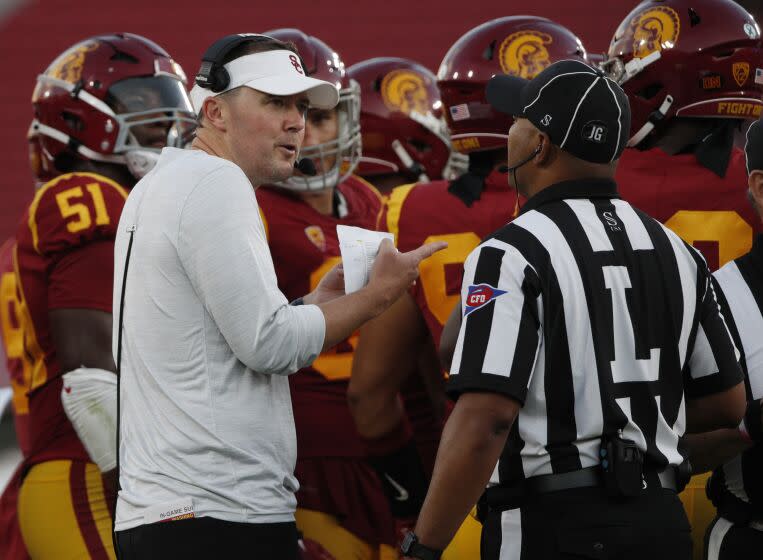 LOS ANGELES, CA - OCTOBER 8, 2022: USC coach Lincoln Riley questions a call to the official against Washington State