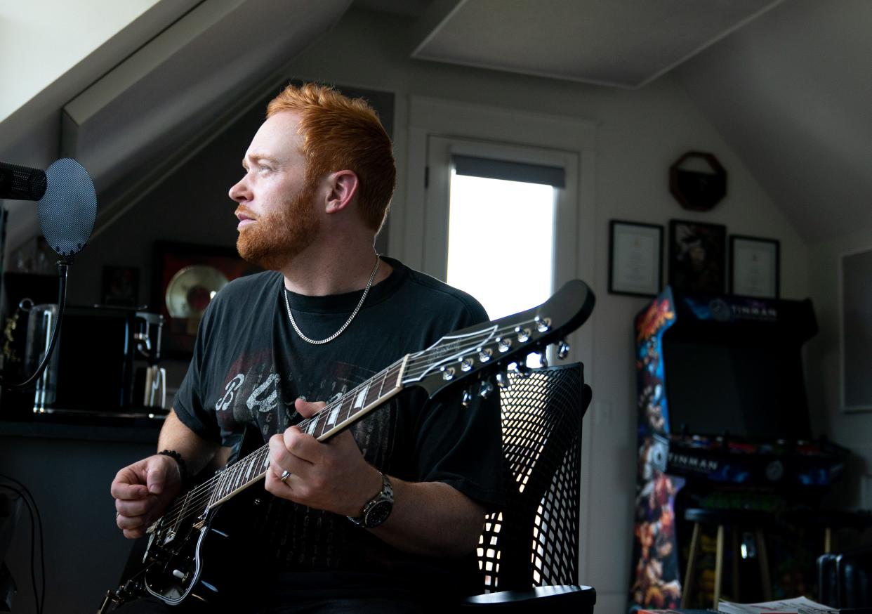 Sam Tinnesz works out of his home studio, Dark Matter Studios, in Thompson's Station, Tenn., Wednesday afternoon, Aug. 23, 2023.