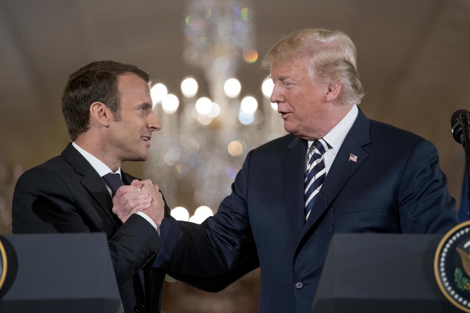 Trump and Macron shake hands during a news conference in Washington. D.C., on April 24, 2018. (Photo: Andrew Harnik/AP)