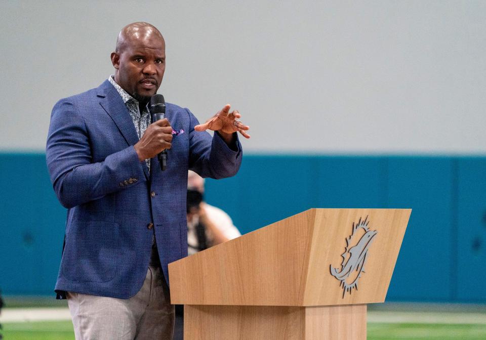 Miami Dolphins head coach Brian Flores speaks during a ceremony at the Miami Dolphins $135 million practice facility next to Hard Rock Stadium in Miami Gardens, Florida on July 20, 2021.
