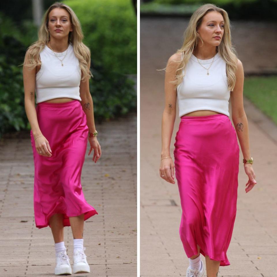 MAFS' Lyndall Grace in a white top and pink skirt