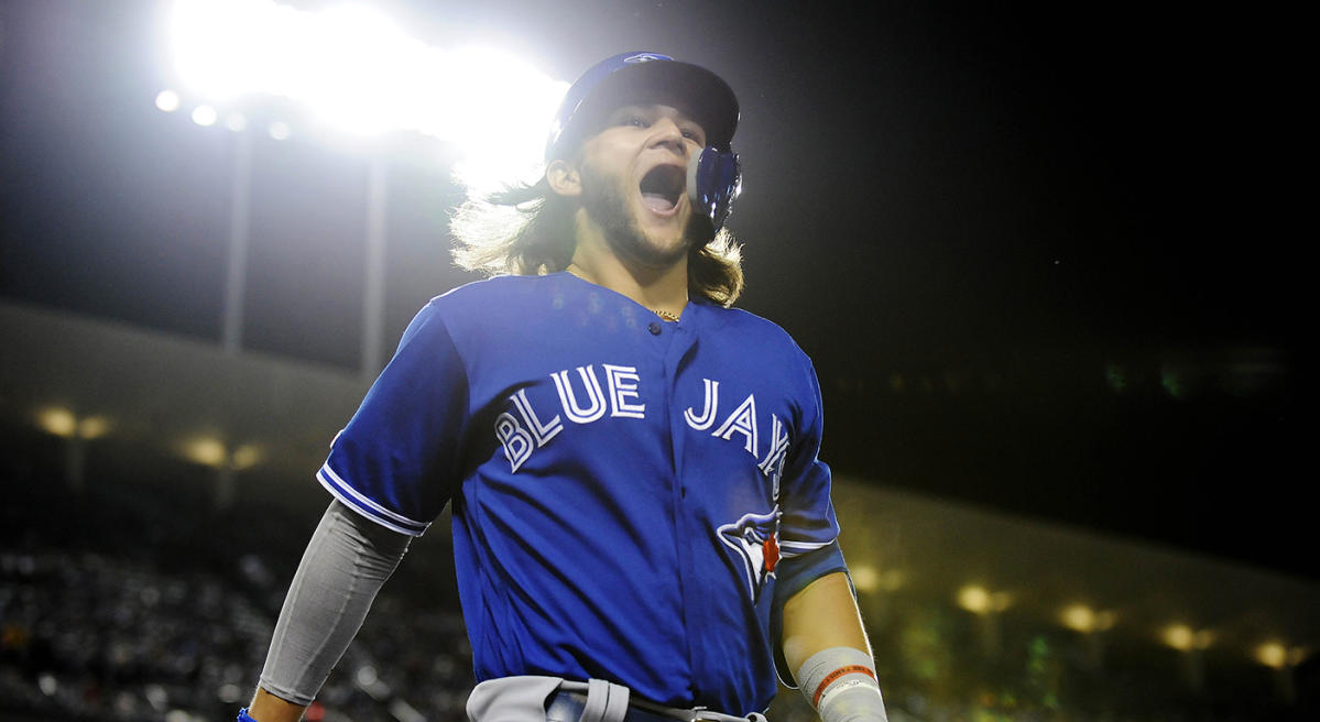 ANAHEIM, CA - MAY 29: Toronto Blue Jays shortstop Bo Bichette (11) at bat  during the MLB game between the Toronto Blue Jays and the Los Angeles  Angels of Anaheim on May