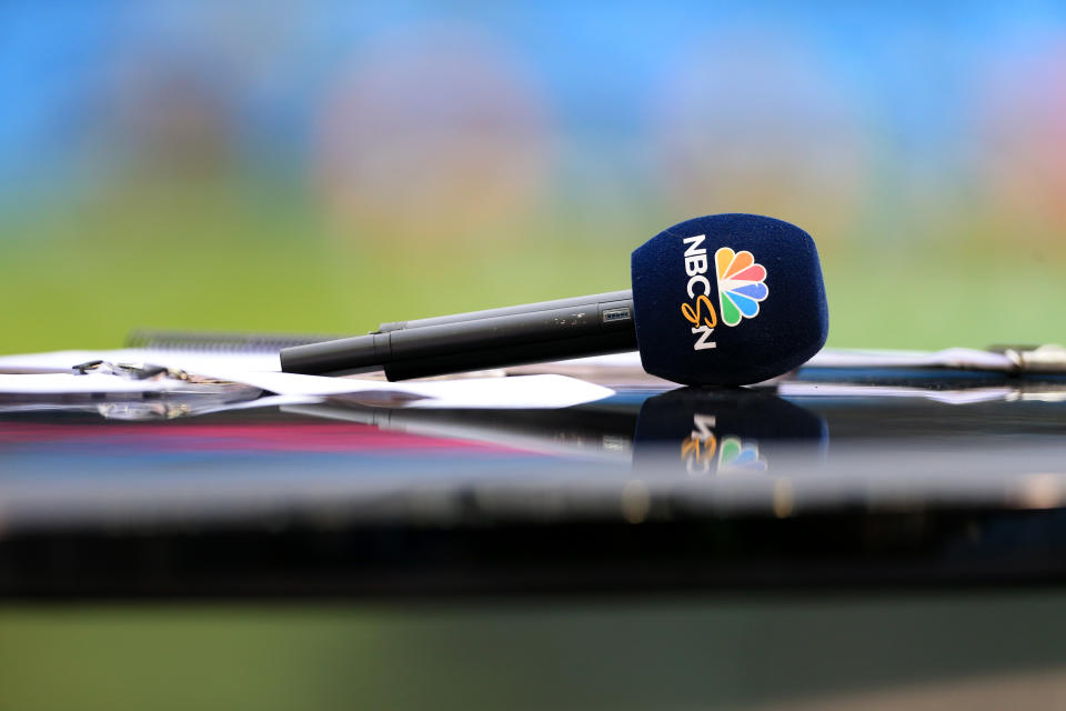 MANCHESTER, ENGLAND - APRIL 07: An NBC Sports Network television microphone is seen ahead of the Premier League match between Manchester City and Manchester United at the Etihad Stadium on April 7, 2018 in Manchester, England. (Photo by Simon Stacpoole/Offside/Getty Images)