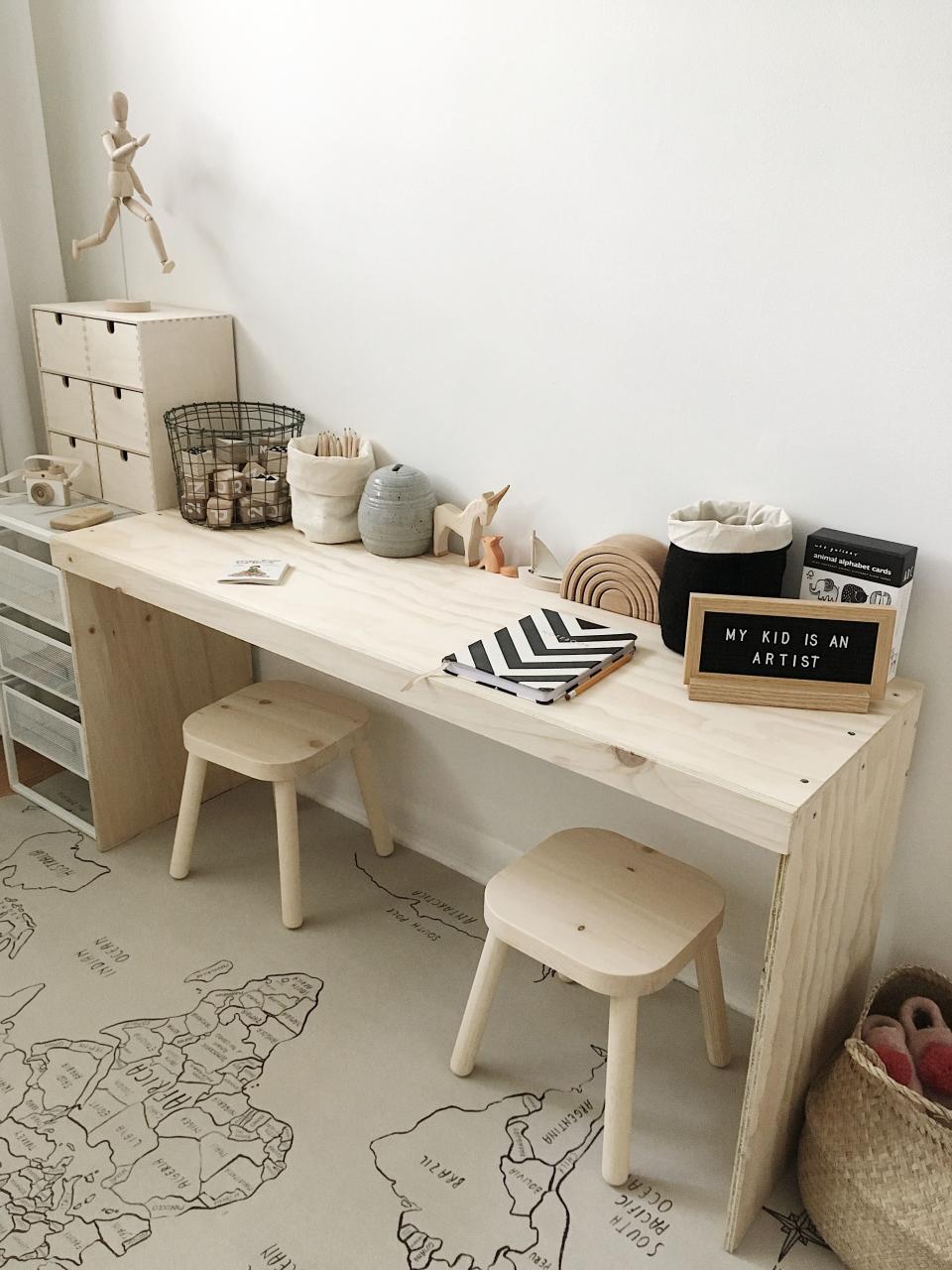 9) Keep It Simple with an Unfinished Wood Desk and Stools