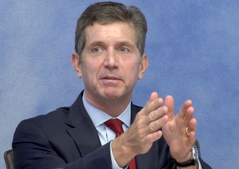 Johnson & JohnsonÕs Chief Executive Alex Gorsky speaks during a recorded deposition