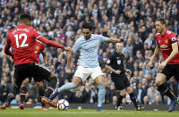 <p>Ilkay Gundogan fires his side’s second goal to put Manchester City in total control </p>