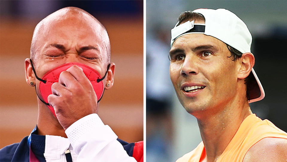 Ray Zapata (pictured left) crying on the podium at the Olympics and Rafael Nadal (pictured right) smiling during training.
