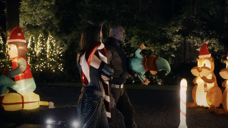 Drax and Mantis with holiday decor