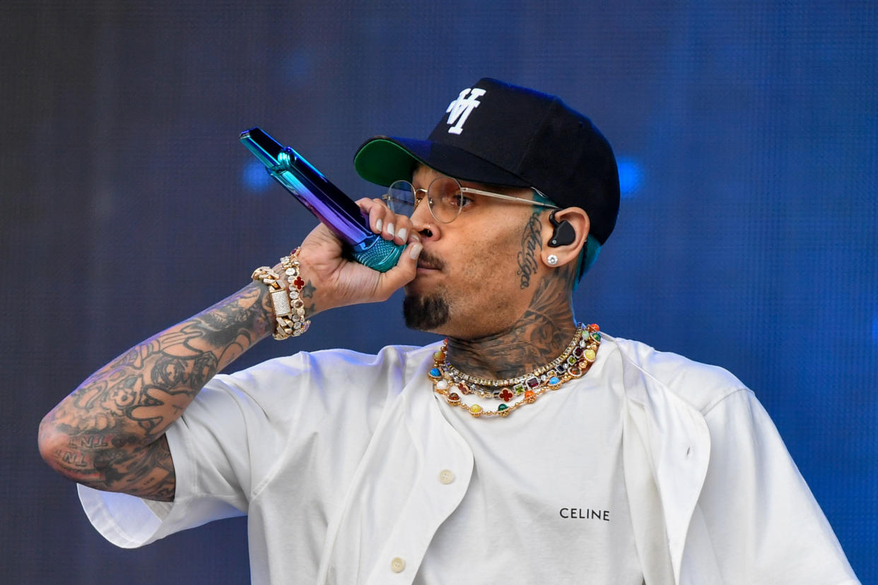 Chris Brown performs onstage during the Lovers & Friends music festival at the Las Vegas Festival Grounds on May 06, 2023 in Las Vegas, Nevada.