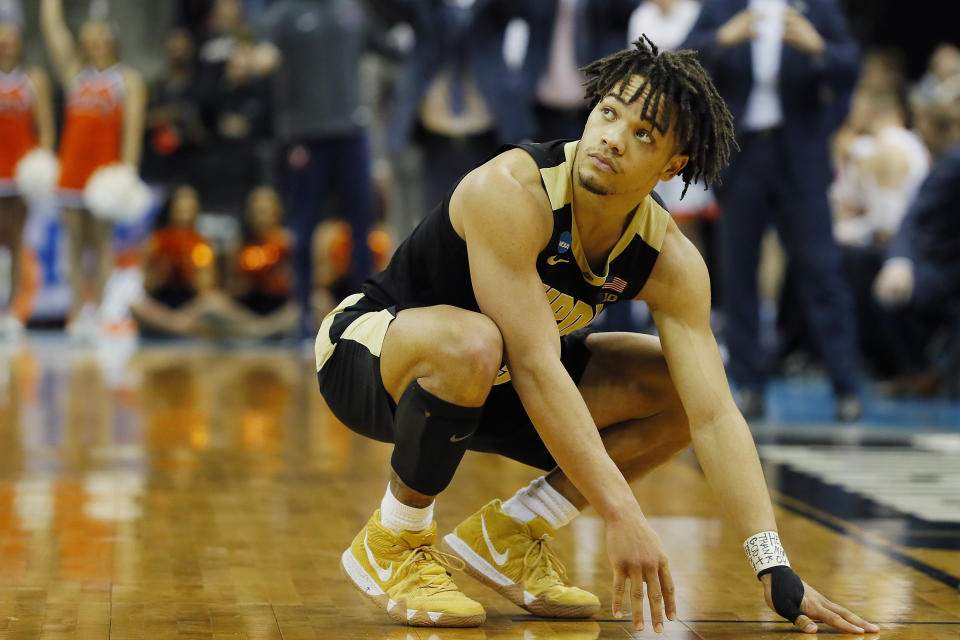 LOUISVILLE, KENTUCKY - MARCH 30:  Carsen Edwards #3 of the Purdue Boilermakers reacts after throwing a pass out of bounds in the closing seconds of overtime against the Virginia Cavaliers in the 2019 NCAA Men's Basketball Tournament South Regional at KFC YUM! Center on March 30, 2019 in Louisville, Kentucky. (Photo by Kevin C.  Cox/Getty Images)