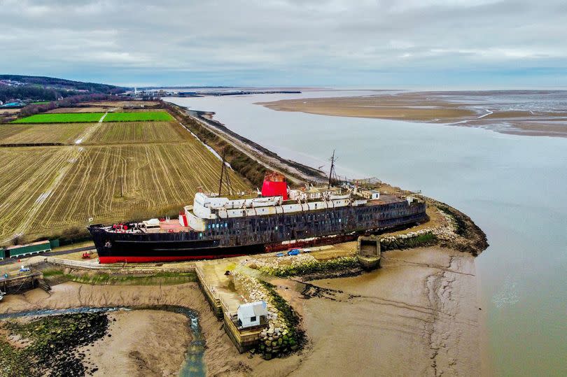 Aerial view of the TSS Duke of Lancaster, known locally as the Fun Ship, near Mostyn Docks