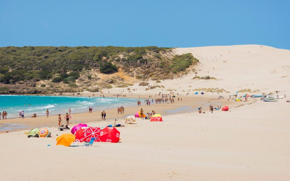 white beach with sand dunes and colourful parasols - Universal Images Group Editorial 