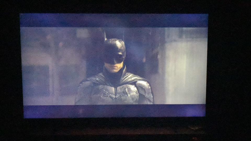 Samsung CU8000 with The Batman on screen, showing black non-uniformity