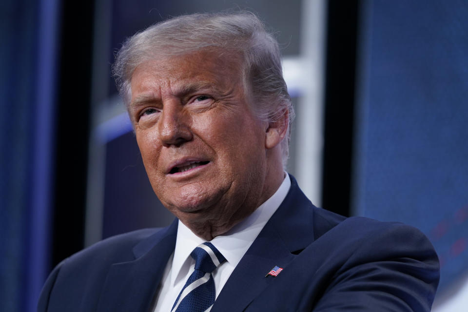 President Donald Trump speaks to the 2020 Council for National Policy Meeting, Friday, Aug. 21, 2020, in Arlington, Va. (AP Photo/Evan Vucci)