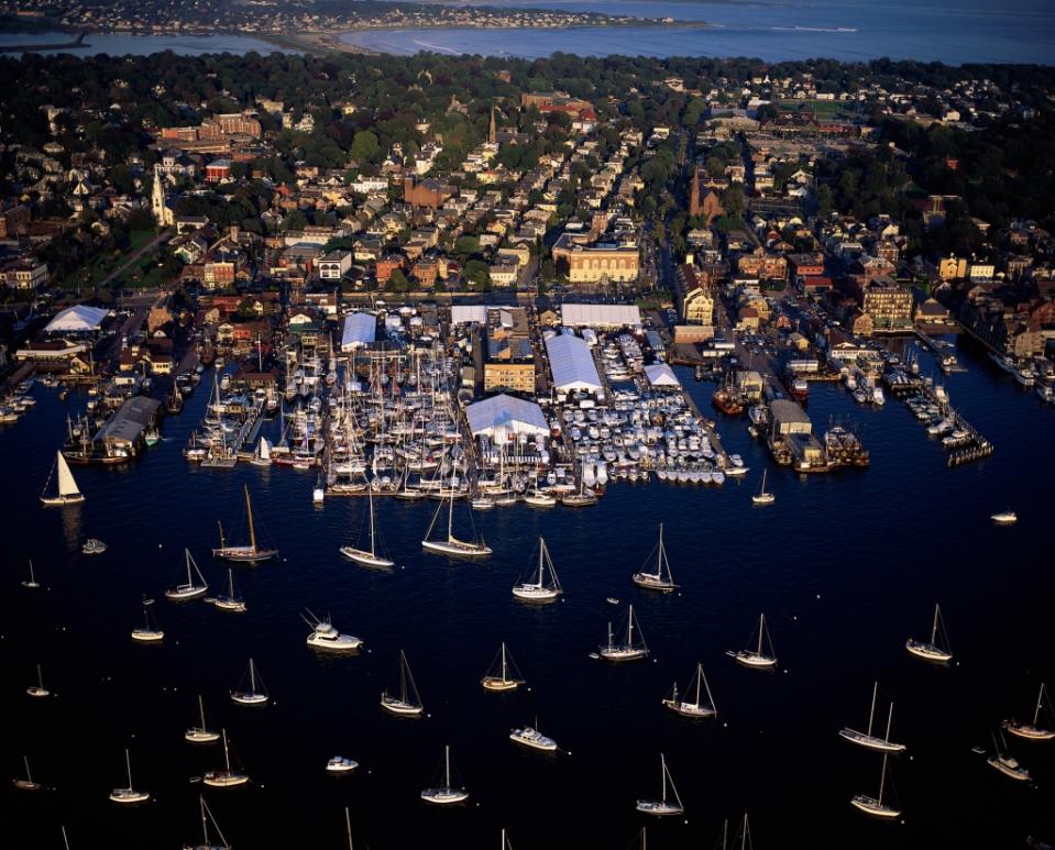 Aerial of Newport International Boat Show and harbor area near the Newport Yachting Center, including wharf areas downtown.