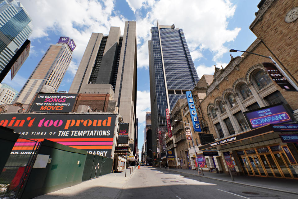 NEW YORK, NEW YORK - JUNE 29:  A view of Broadway theaters on W. 45th Street on June 29, 2020 in New York City.  Broadway will remain closed until 2021 due to the ongoing coronavirus pandemic. (Photo by Cindy Ord/Getty Images)