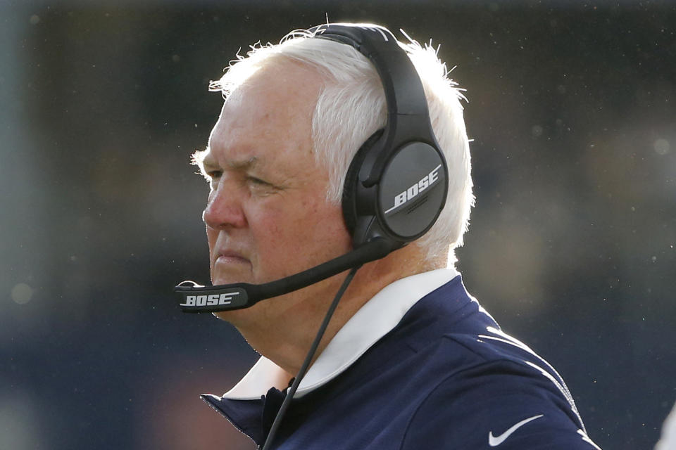 FILE - In this Dec. 15, 2019, file photo, Los Angeles Rams defensive coordinator Wade Phillips watches as they play the Dallas Cowboys in an NFL football game in Dallas. Veteran defensive coordinator Wade Phillips has been fired by the Los Angeles Rams after three winning seasons. Phillips announced Monday, Jan. 6, 2020, on Twitter that the Rams are not renewing his contract. (AP Photo/Michael Ainsworth, File)