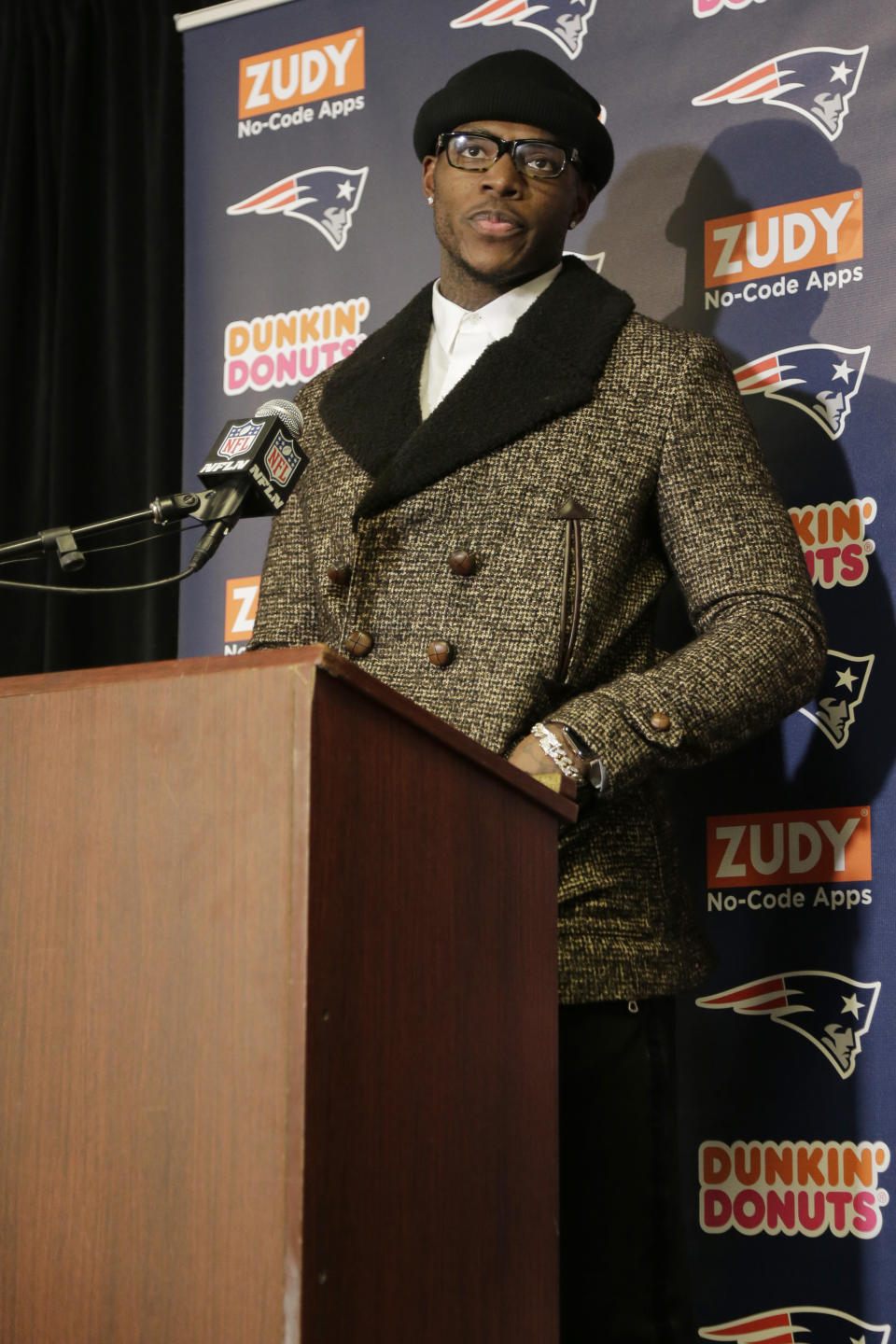 FILE - In this Nov. 25, 2018, file photo, New England Patriots' Josh Gordon speaks during a news conference after an NFL football game against the New York Jets, in East Rutherford, N.J. Patriots receiver Josh Gordon says he is stepping away from football in order to focus on his mental health. In a statement posted on Twitter on Thursday morning, Dec. 20, 2018, Gordon said his decision was spurred by him feeling recently that he could have a better grasp on things mentally. He thanked the Patriots for their support and vowed to work his way back. (AP Photo/Seth Wenig, File)