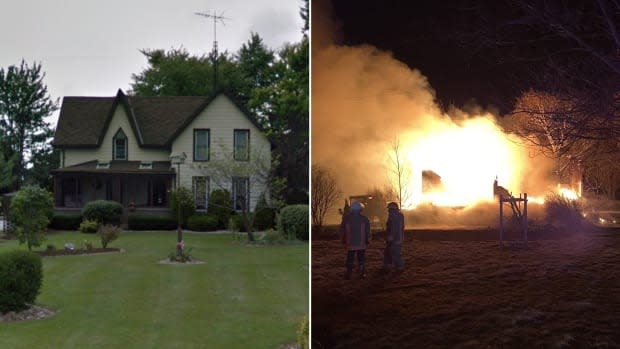 This home in Blenheim went up in flames Sunday night, requiring crews from three fire stations to help extinguish it. (Google Maps, Chatham-Kent Fire & Emergency Services - image credit)