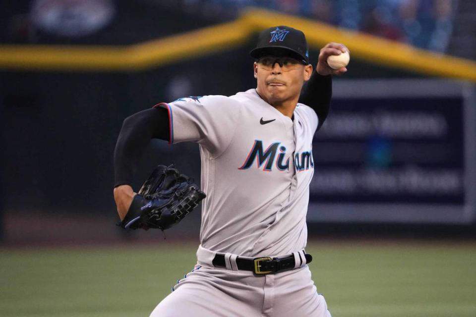 Miami Marlins starting pitcher Jesus Luzardo (44) pitches against the Arizona Diamondbacks during the first inning at Chase Field on Tuesday, May 9, 2023.