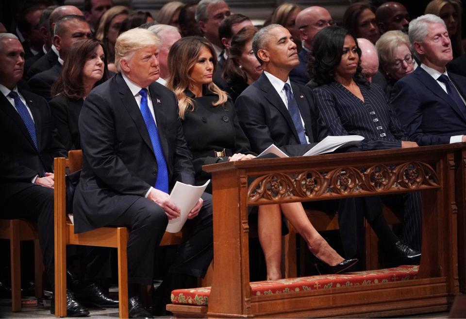 From left: President Donald Trump and first lady Melania Trump, former President Barack Obama, former first lady Michelle Obama and former President Bill Clinton are seen during a service for former President George H.W. Bush on Wednesday. (Photo: MANDEL NGAN via Getty Images)