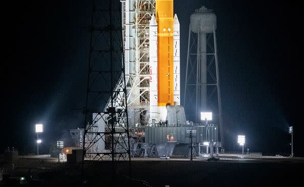 KENNEDY SPACE CENTER, FL - NOVEMBER 15:  In this handout provided by the U.S. National Aeronautics and Space Administration (NASA), support crew for the Space Launch System (SLS) rocket with the Orion spacecraft aboard check to make sure all connections and valves remain tight at Launch Pad 39B in preparation for launch November 15, 2022, at the Kennedy Space Center, Florida. NASA's Artemis I flight test is the first integrated test of the agency's deep space exploration systems: the Orion spacecraft, SLS rocket, and supporting ground systems. Launch of the uncrewed flight is targeted for no earlier than November 16 at 1:04 a.m. EST.  (Photo by Joel Kowsky/NASA via Getty Images)