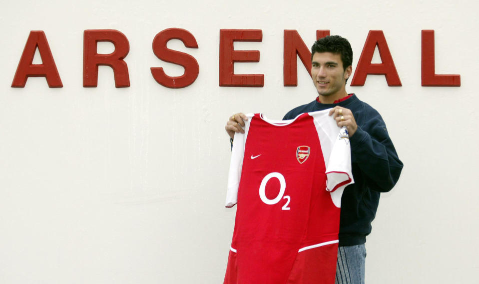 Jose Antonio Reyes the Spanish International striker, who signed for Premier League leaders Arsenal, with a club shirt at the club's training ground at London Colney in Hertfordshire.   (Photo by John Stillwell - PA Images/PA Images via Getty Images)