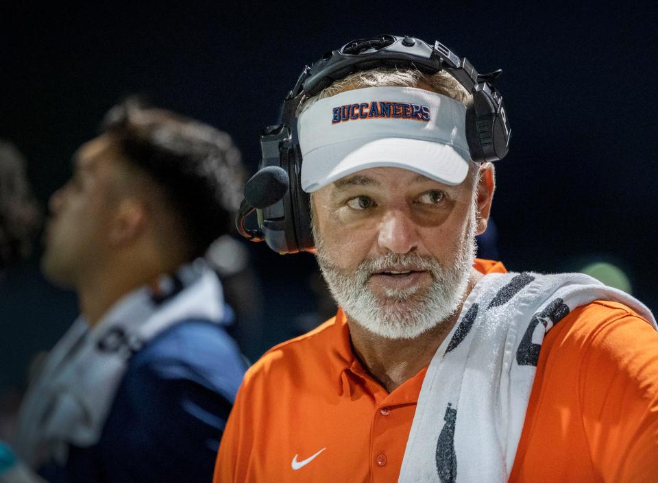 Benjamin High School Head Football Coach Eric Kresser during game against Jensen Beach in Palm Beach Gardens on September 22, 2022.