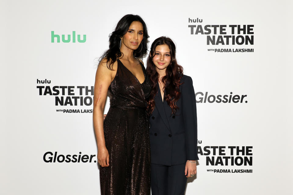 NEW YORK, NEW YORK - MAY 05: Padma Lakshmi (L) and daughter Krishna Thea Lakshmi-Dell attend a special screening of "Taste The Nation" Season Two, hosted by Glossier, Cherry Bombe, and The Cinema Society, at Crosby Street Hotel on May 05, 2023 in New York City. (Photo by Dia Dipasupil/Getty Images)