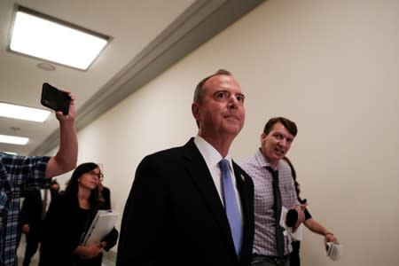 House Intelligence Committee Chairman Adam Schiff (D-CA) walks into a members only committee room ahead of a hearing with Former Special Counsel Robert Mueller on Capitol Hill in Washington