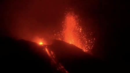 Lava erupts from the Stromboli volcano the evening after an explosion in Stromboli