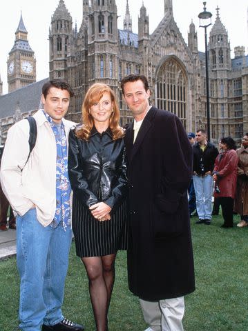 <p>Oliver Upton/NBCU Photo Bank/NBCUniversal via Getty</p> Matt LeBlanc, Sarah Ferguson and Matthew Perry behind the scenes of a special "Friends" episode, which aired in 1998.