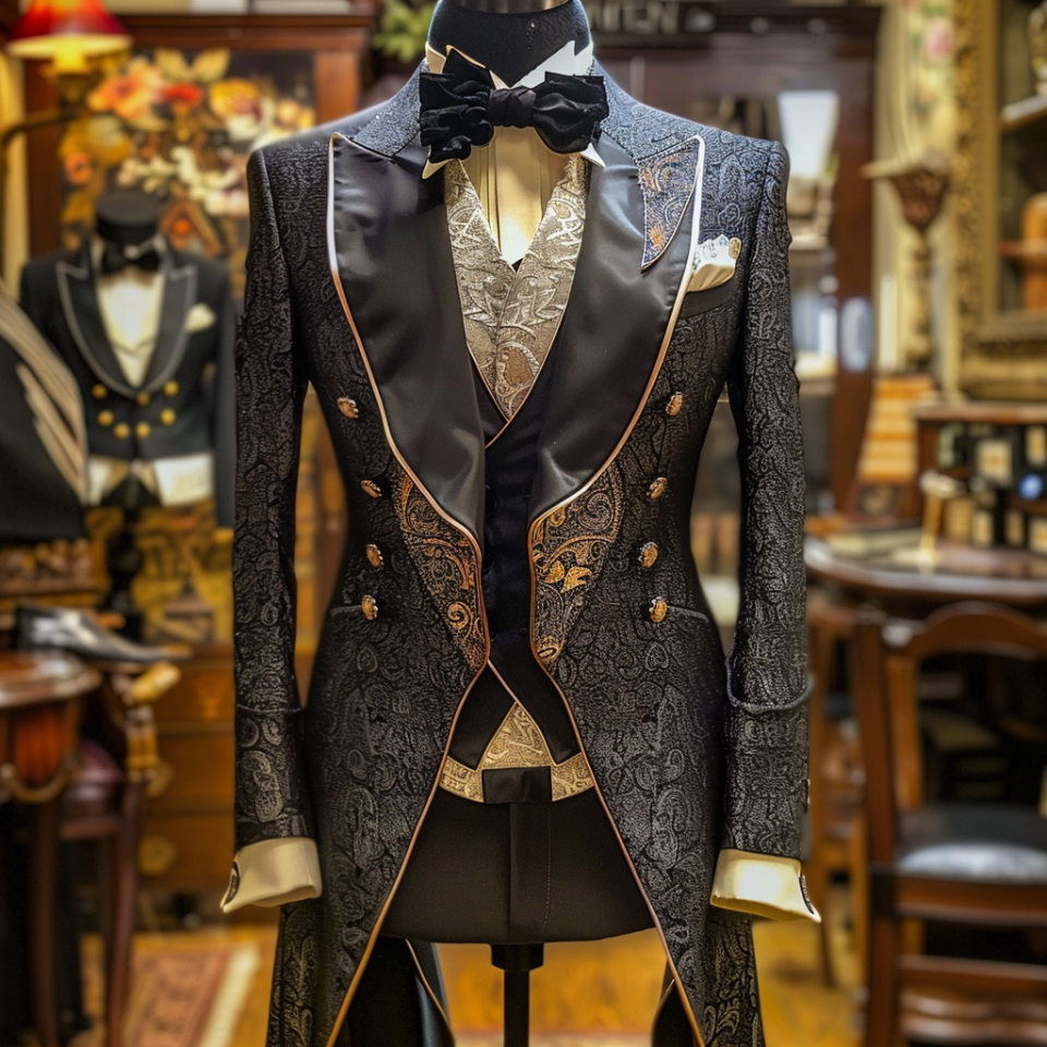 Elegant patterned tuxedo with bow tie and lace details displayed in a shop setting