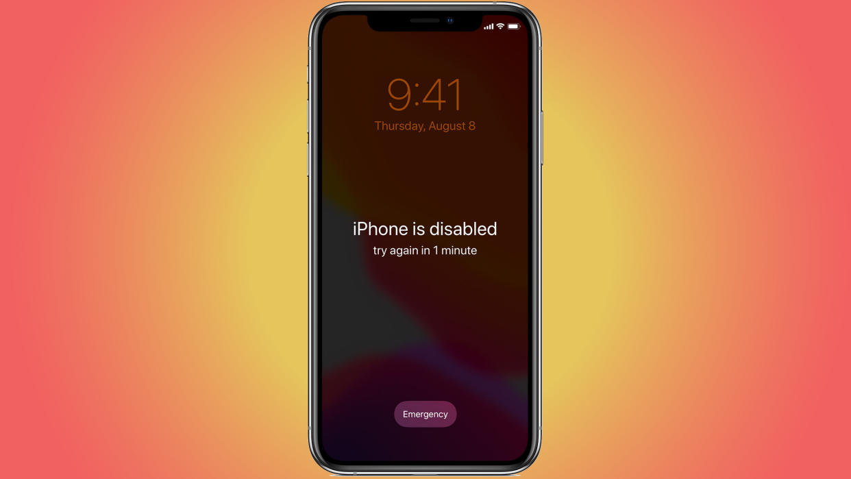  A disabled iPhone on top of a yellow and red background 