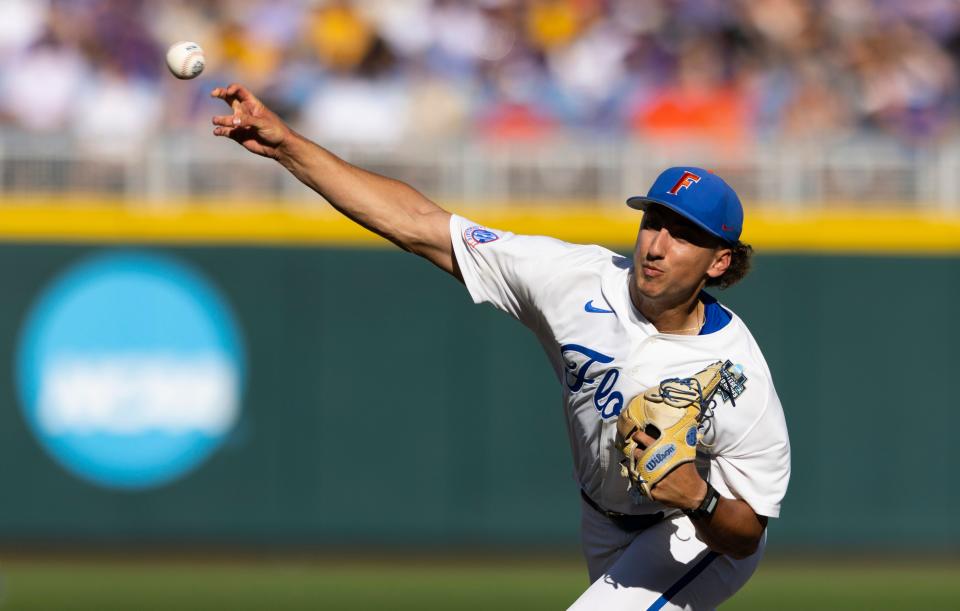 Florida starting pitcher Brandon Sproat throws against LSU in the first inning of Game 1 of the NCAA College World Series baseball finals in Omaha, Neb., Saturday, June 24, 2023.