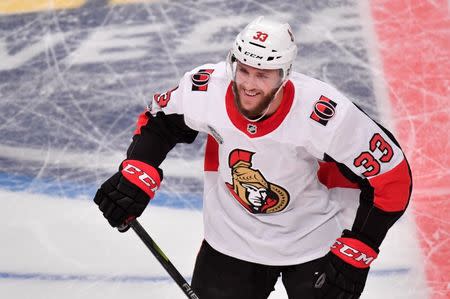 Ottawa Senators' Fredrik Claesson is happy after scoring 1-1 in the first period of the NHL Global Series hockey game between Colorado Avalanche and Ottawa Senators at Ericsson Globe in Stockholm, Sweden November 10, 2017. TT News Agency/Erik Simander via REUTERS