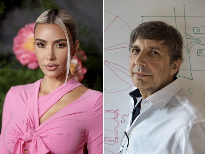 Kim Kardashian in a light pink dress on the left and Dutch-British physicist Andre Geim on the right. 