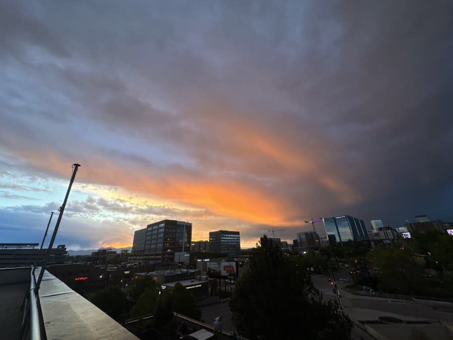 A stormy sunset is seen from the FOX31/Channel 2 weather deck on May 12, 2024. (Brooke Williams)