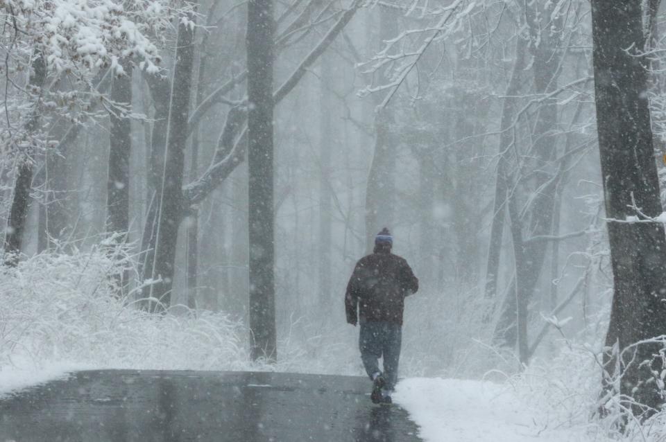 Morning snow falling in Jockey Hollow National Park in Morristown, NJ on March 14, 2023.